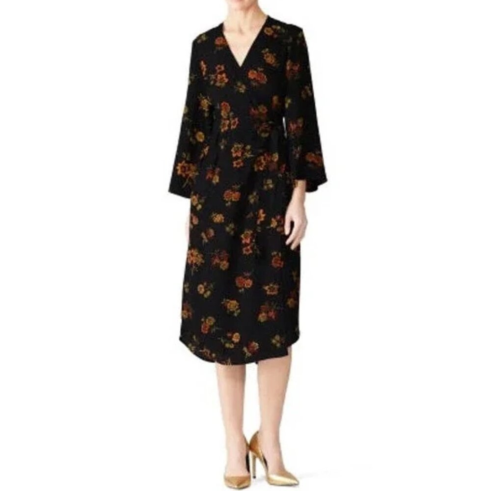 A.L.C. Wilma Wrap Midi Dress in Black Floral Silk - Size 2